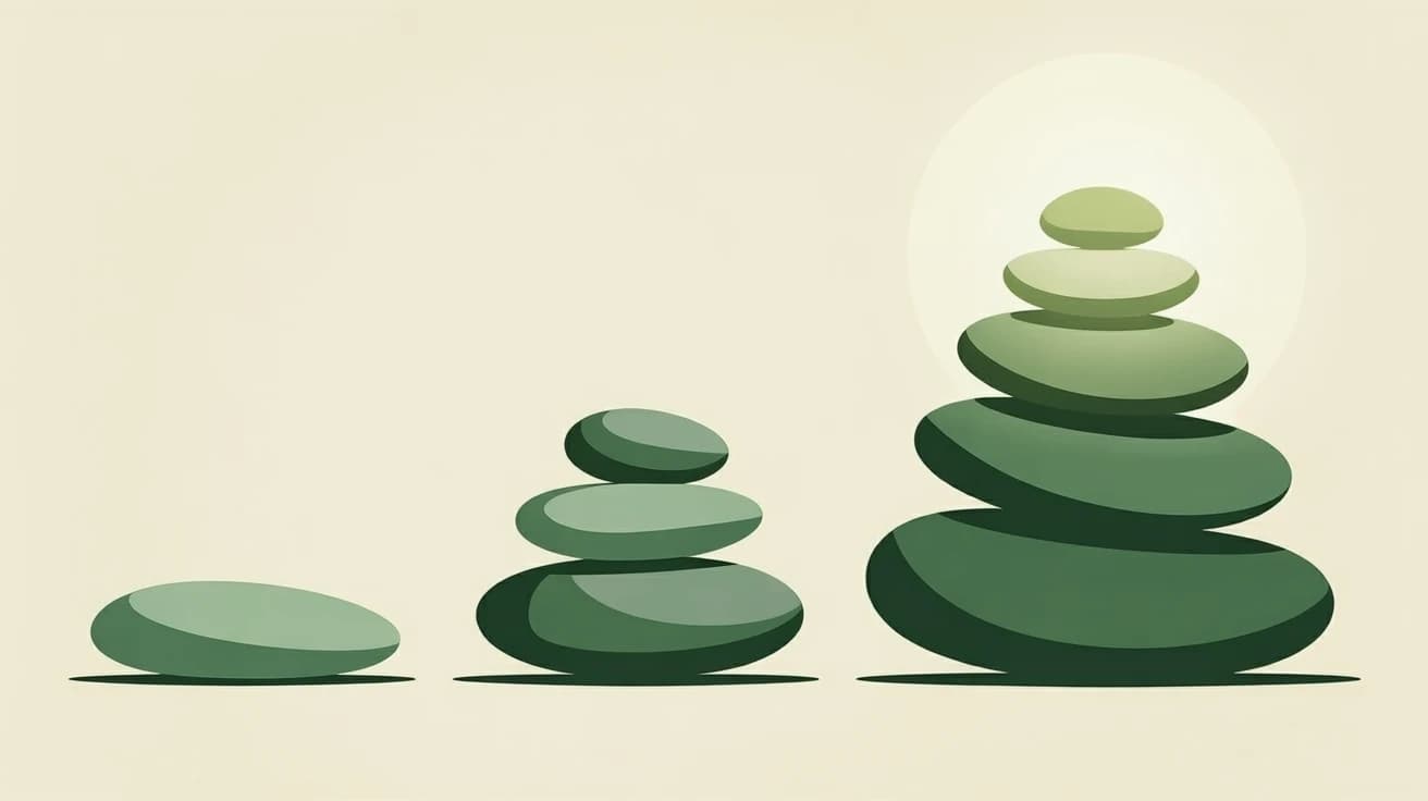 A single flat stone, then a small stack, then a full balanced cairn of stones along one ground line — the same practice built up over time, the top stone glowing softly in sage.