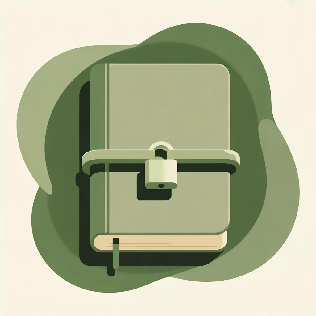 An editorial illustration of a private journal wrapped with a strap and held shut by a sage-green padlock — your words, kept private.