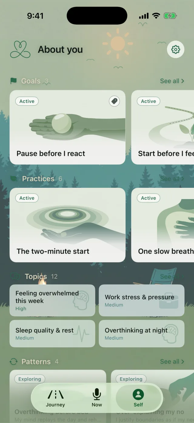 Myndo's Self screen showing recurring Topics like 'Overthinking at night' and 'Work stress & pressure' alongside Goals, Practices, and emerging Patterns.